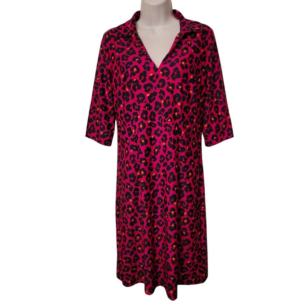 Jude Connally Hot Pink Animal Print Leopard Dress S USA V Neck Slimming‎